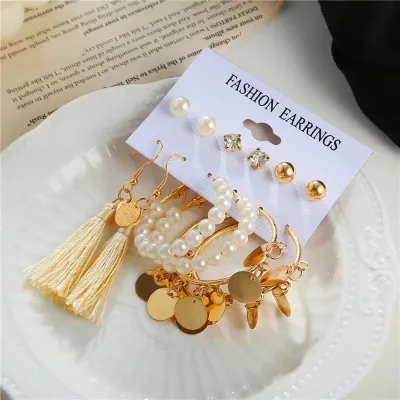 6 pairs Fashionable Pearl Geometric Tassel Earrings Set